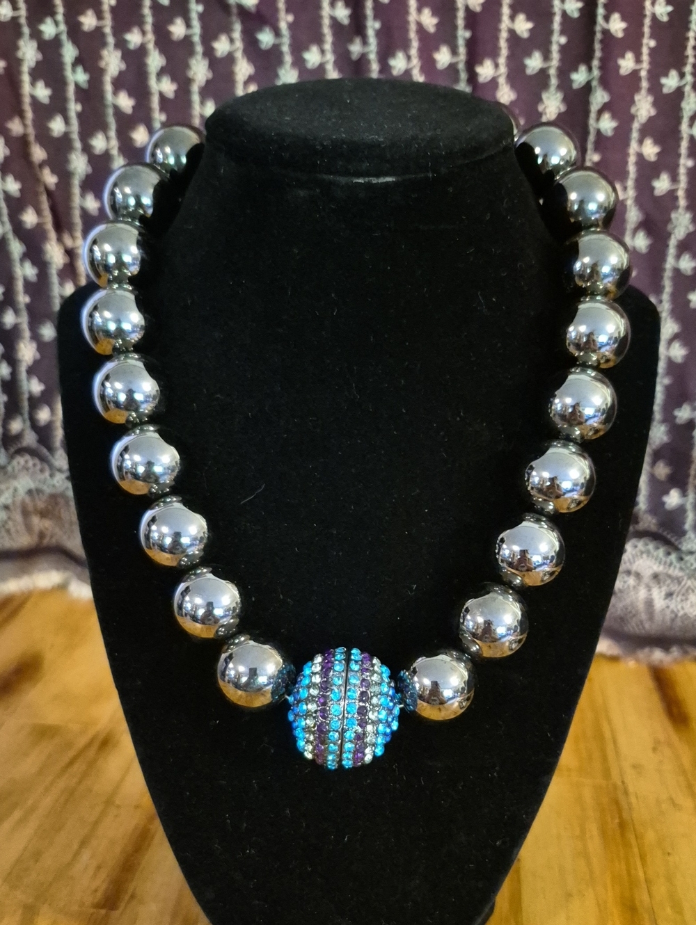 Silver Bead Necklace with Blue-Purple Crystal Accent